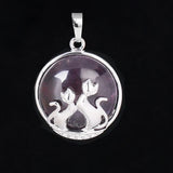 Natural Gemstone Round Pendant Silver‑Tone Double Cat Silhouette Overlay Charm, Mixed Crystal Stone Cat Lover Pendant DIY Necklace Jewelry Making Reiki Healing
