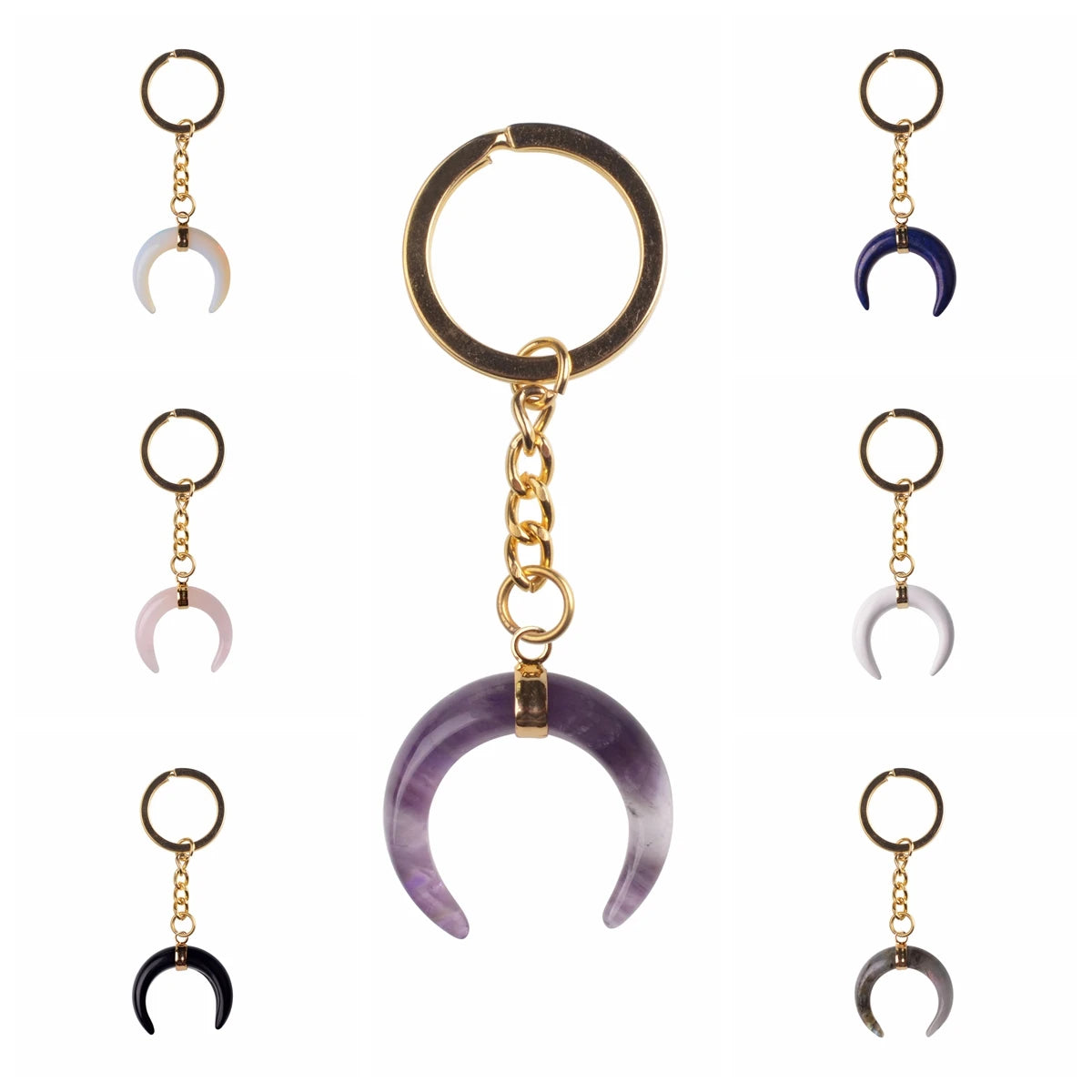 Natural Stone Crescent Moon Keychain, Gold Plated Double Horn Gemstone Key Ring Charm, Boho Witchy Spiritual Bag Pendant for Women