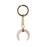 Natural Stone Crescent Moon Keychain, Gold Plated Double Horn Gemstone Key Ring Charm, Boho Witchy Spiritual Bag Pendant for Women
