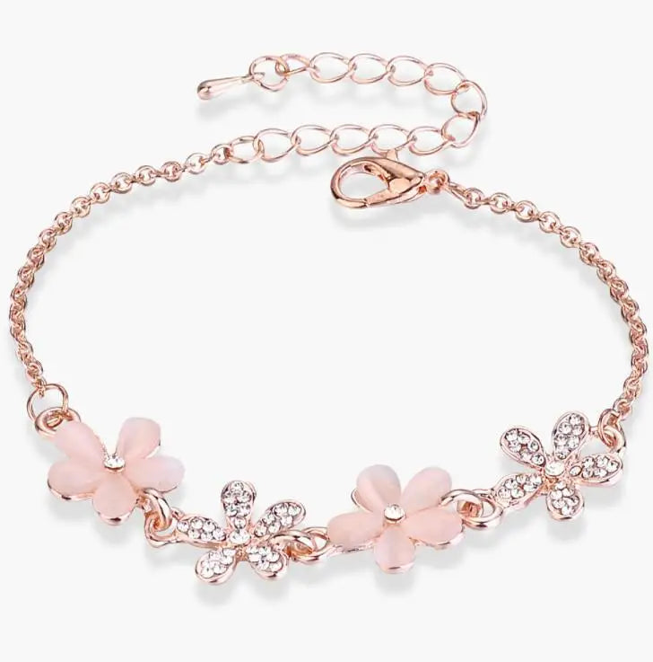Elegant Five-Petal Flower Bracelet for Women Rose Gold Silver Plated Cat Eye Stone & Rhinestone Adjustable Bracelet, Wedding Party Jewelry Gift
