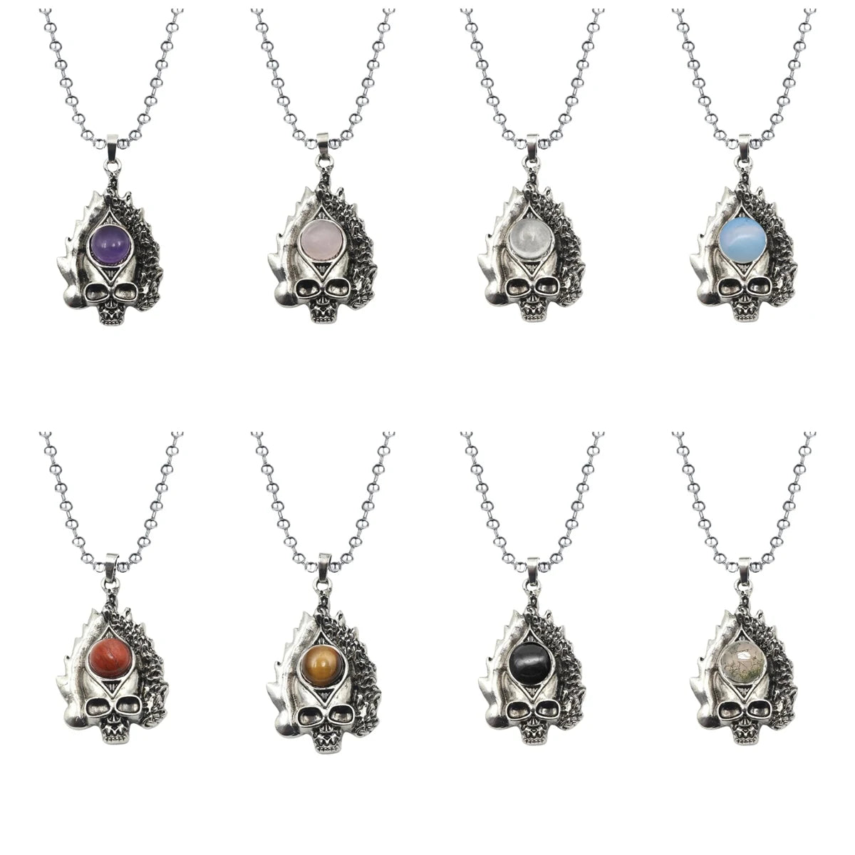 Gothic Flame Skull Pendant Necklace • Stainless Steel Ball Chain with Natural Gemstone Ball • Punk Hip Hop Skeleton Rocker Jewelry for Men Women