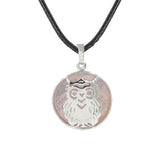 Owl Hollow Pendant Necklace, Silver Plated Natural Crystal Inlay Black Wax Cord Wisdom Symbol Necklace