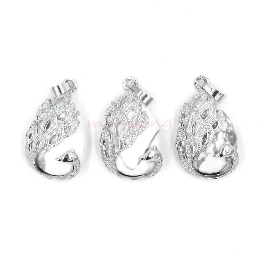 Peacock Filigree Teardrop Natural Crystal Pendant, Silver‑Tone Alloy Wrapped Water Drop Gemstone Pendant for Necklace Jewelry Making
