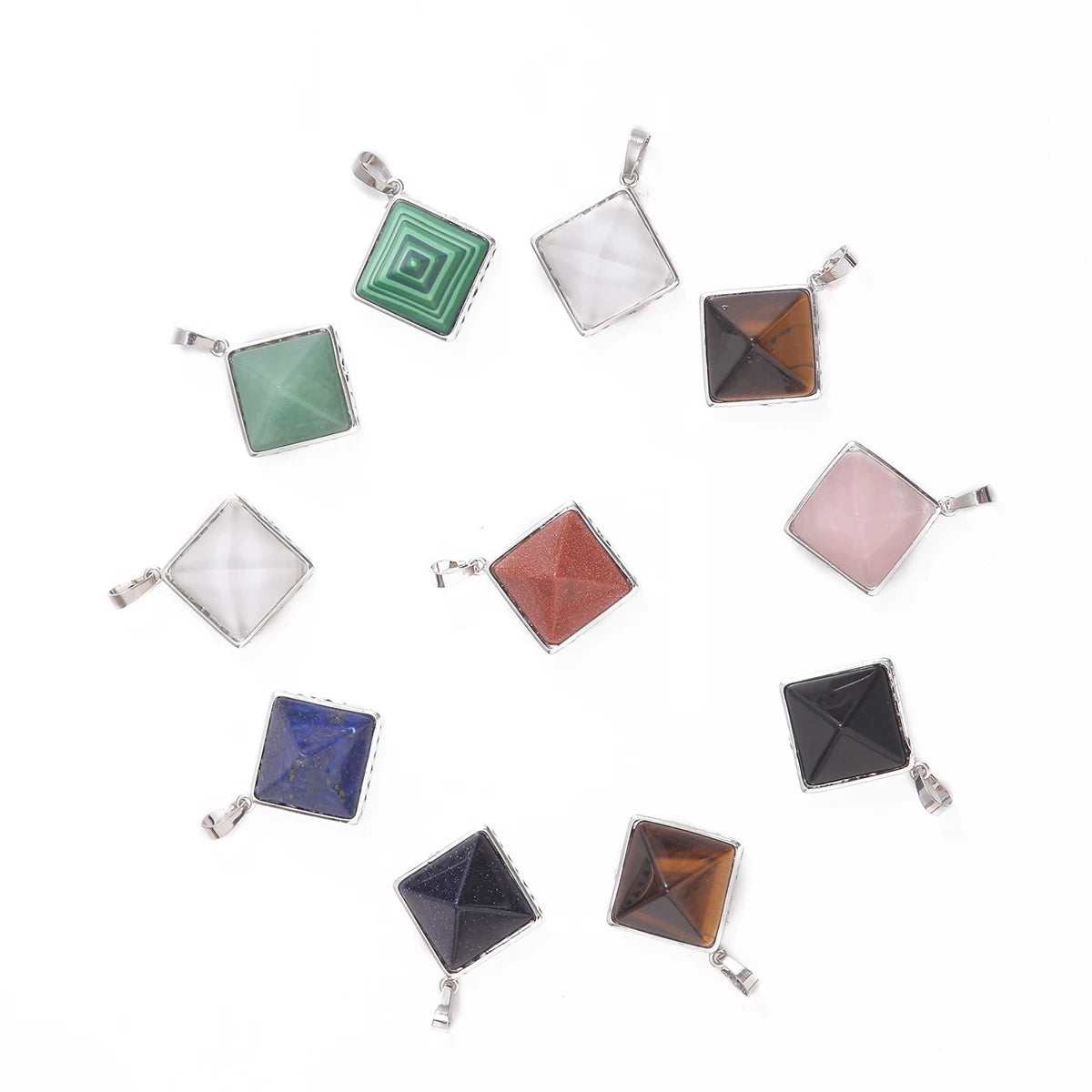 Natural Gemstone Square Pyramid Pendant 20mm Silver‑Plated Alloy Frame Reiki Chakra Healing Crystal Stone Pendant for DIY Necklace Jewelry