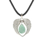 Vintage Silver Angel Wings Heart Necklace - Natural Stone Wax Cord Teardrop Pendant for Men & Women, Spiritual Gift
