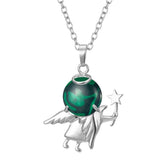 Angel Holding Natural Crystal Ball Pendant Necklace, Silver‑Plated Metal Angel Figurine Spherical Gemstone Charm Reiki Healing Spiritual Jewelry for Women Gift