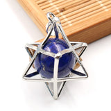 Merkaba Star Cage Natural Sphere Crystal Pendant Necklace, Silver‑Tone Metal Hollow Star Frame with Round Gemstone Bead Reiki Chakra Healing Necklace for Women