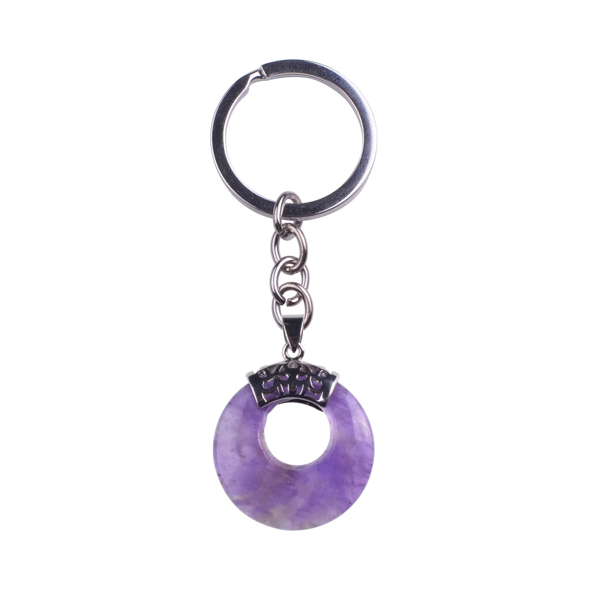 Natural Gemstone Donut Keychain Antique Silver Crown Bail Peace Circle Crystal Key Ring Reiki Healing Stone Key Chain Charm Bag Purse Hanging Ornament