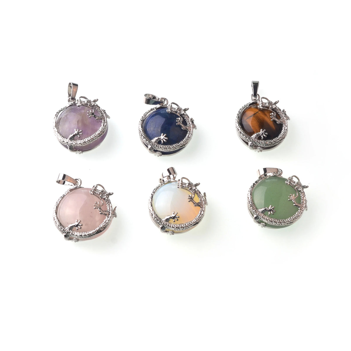 Silver‑Tone Metal Dragon Wrapped Round Natural Crystal Pendant, Dragon Totem Bezel Set Gemstone Charm, Reiki Chakra Healing Stone Pendant for DIY Necklace Jewelry Making