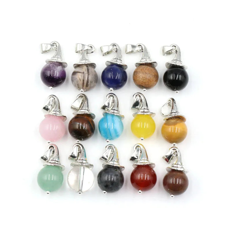 Antique Silver Witch Hat Natural Crystal Sphere Pendant Necklace, Mini Wizard Cap Round Gemstone Chakra Healing Jewelry for Halloween Christmas Gift