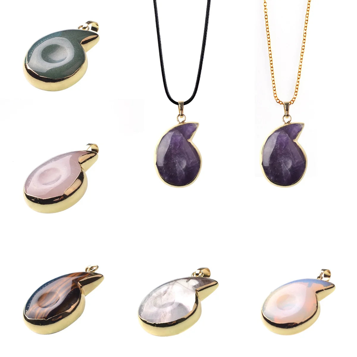 Snail Teardrop Natural Gemstone Pendant, Gold Electroplated Edge Crystal Charm, 24×38mm Reiki Healing Stone Necklace Pendant for Women