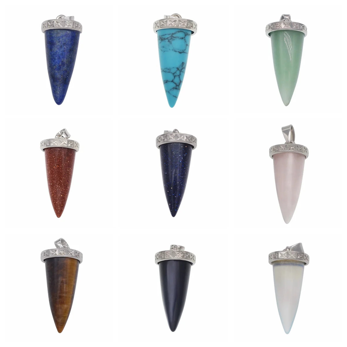Multi‑Variety Bullet Cone Natural Stone Pendant, Retro Pattern Silver Cap Crystal Point Charm, DIY Jewelry‑Making Supply, Witchy Spiritual Reiki Amulet Pendant