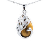 Peacock Filigree Teardrop Natural Crystal Pendant, Silver‑Tone Alloy Wrapped Water Drop Gemstone Pendant for Necklace Jewelry Making