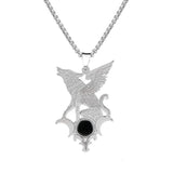 Stainless Steel Flying Wolf Pendant Necklace - Mythical Creature Jewelry with Natural Agate Stone - Gothic Punk Style for Men