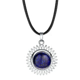 Sunburst Round Natural Gemstone Pendant, Silver Plated Sun Ray Frame Round Cabochon Crystal Stone Pendant Reiki Chakra Healing Charm for DIY Necklace Jewelry Making