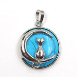 Round Natural Gemstone Pendant Silver Tone Crescent Moon Cat Crystal Charm for DIY Jewelry Making Necklace Craft Supplies
