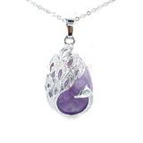 Peacock Filigree Teardrop Natural Crystal Pendant, Silver‑Tone Alloy Wrapped Water Drop Gemstone Pendant for Necklace Jewelry Making
