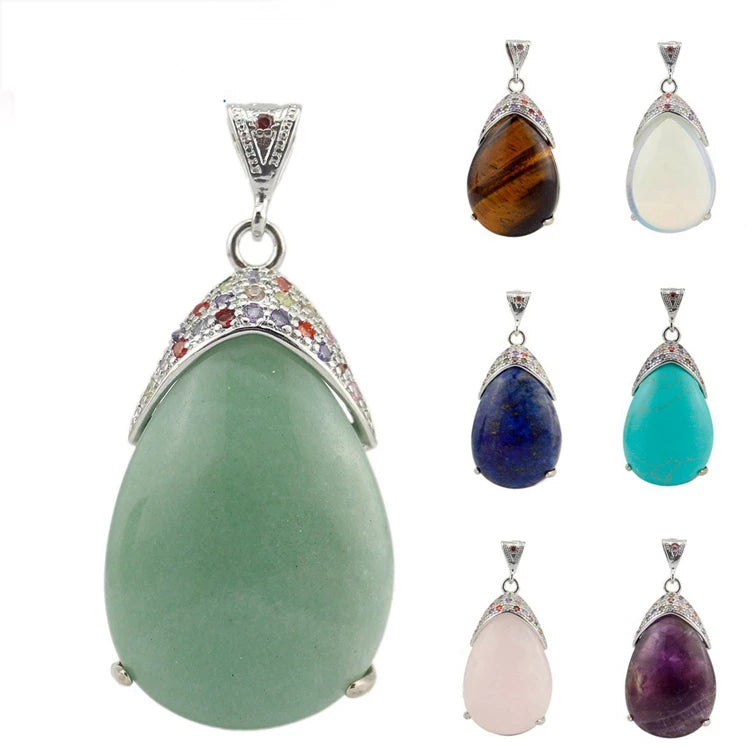 Colorful Zircon Inlaid Silver Bezel Teardrop Natural Gemstone Pendant, Water Drop Chakra Healing Crystal Charm for DIY Necklace Jewelry Making