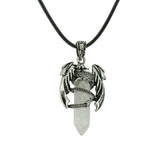 Gothic Winged Dragon Hexagonal Crystal Point Necklace, Vintage Silver Pterosaur Column Pendant, Punk Minimalist Protection Amulet with Black Rope Cord for Men & Women