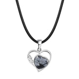 Natural Crystal Hollow Heart Pendant Necklace, Gemstone Charm with Black Rope for Women