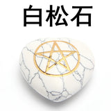 Gold Engraved Pentagram Heart Natural Crystal Stone, Wiccan Earth Goddess Symbol Pocket Healing Gemstone for Pendant & Meditation