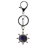 Vintage Silver Ship Rudder Keychain • Antique Nautical Helm Wheel Keyring with Natural Gemstone Ball • Coastal Car Key Holder Backpack Bag Charm