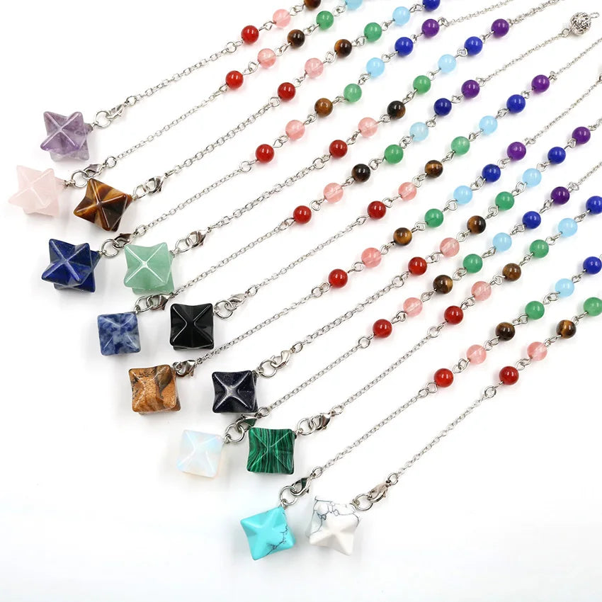 Multi Natural Crystal Merkaba Star Pendant Necklace Mixed Gemstone 3D Star Charm Jewelry for Women Gift