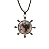 Nautical Ship Wheel Cord Necklace • Casual Silver Mariner Helm Pendant with Natural Gemstone Sphere • Unisex Rugged Black Leather Rope Jewelry