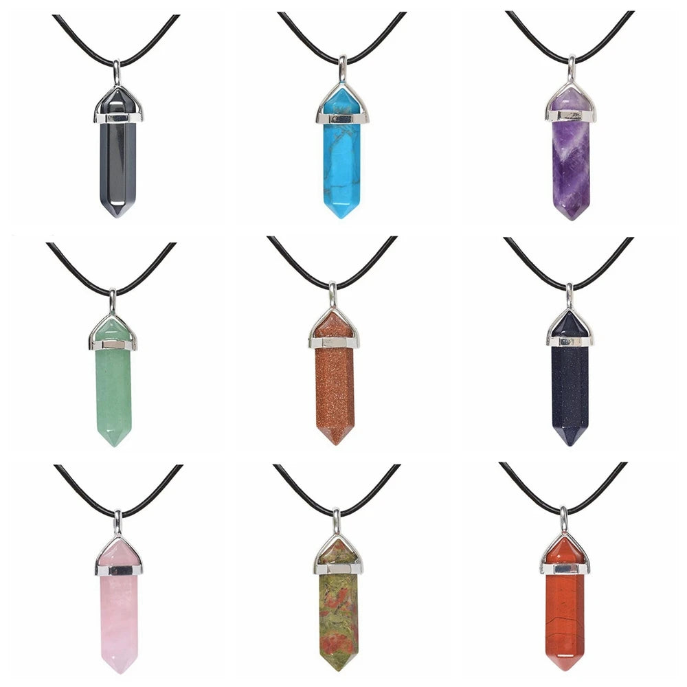 Hexagonal Natural Crystal Pendant Necklace, Silver Wrapped Crystal Point Stone Necklace, Chakra Healing Gemstone on Black Leather Rope, Reiki Meditation Crystal Jewelry