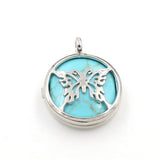 Silver Plated Hollow Butterfly Pendant Natural Round Cabochon Gemstone Inlay Charm for DIY Necklace Jewelry Making