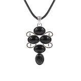5 Stones Oval Crystal Scroll Wire Pendant Necklace, Silver Swirl Frame Natural Gemstone Black Wax Cord Boho Chakra Jewelry