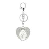 Silver Angel Wings Heart Keyring - Natural Stone Teardrop Crystal Keychain for Purse, Backpack, Handbag, Car Keys