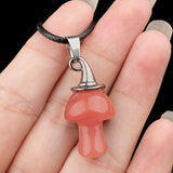 3cm Natural Crystal Mushroom Pendant Necklace | Silver-Plated Witch Hat Gemstone Charm with Black Cord
