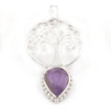 Silver Plated Life Of Tree Pendant with Teardrop Natural Crystal Stone Hollow Filigree Chakra Healing Gemstone Charm for Necklace Making