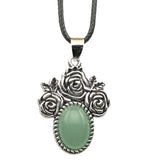 Silver Rose Flower Oval Gemstone Necklace 45CM Black Cord SN1503  10X14mm Stone Cab Pendant Jewelry