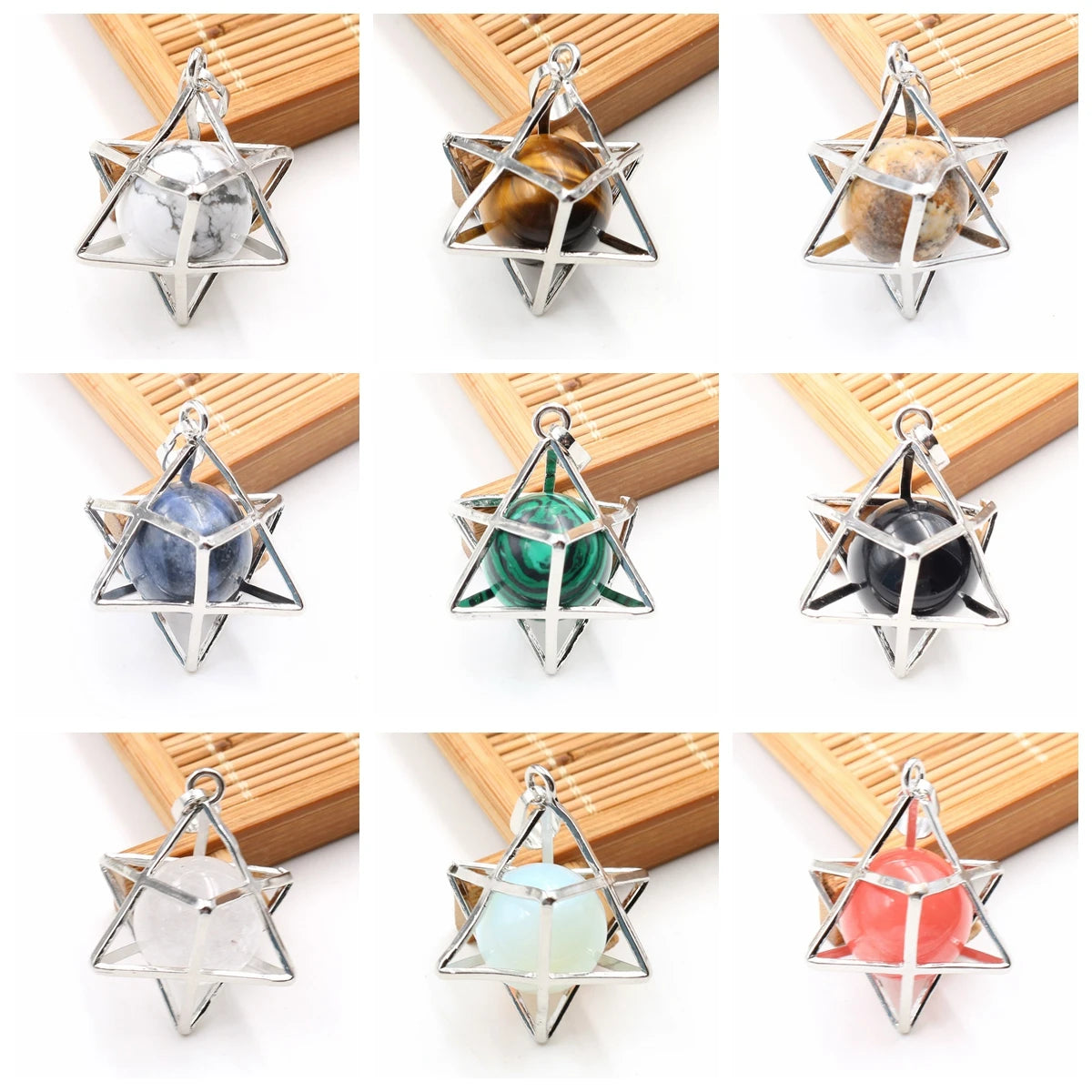 Merkaba Star Cage Natural Sphere Crystal Pendant Necklace, Silver‑Tone Metal Hollow Star Frame with Round Gemstone Bead Reiki Chakra Healing Necklace for Women
