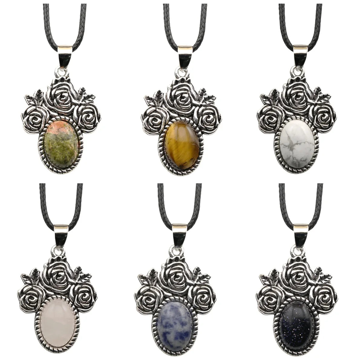 Silver Rose Flower Oval Gemstone Necklace 45CM Black Cord SN1503  10X14mm Stone Cab Pendant Jewelry