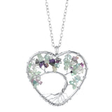 Heart Shaped Tree of Life Pendant Necklace, Natural Chip Gemstone Chakra Crystal Necklace Silver Wire Wrapped Jewelry Gift for Women