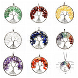 Tree of Life Crystal Chip Pendant, Silver Wire Wrapped Round Natural Gemstone Tree of Life Charm, Reiki Healing Stone Necklace Pendant for Women