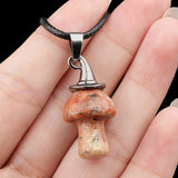 3cm Natural Crystal Mushroom Pendant Necklace | Silver-Plated Witch Hat Gemstone Charm with Black Cord