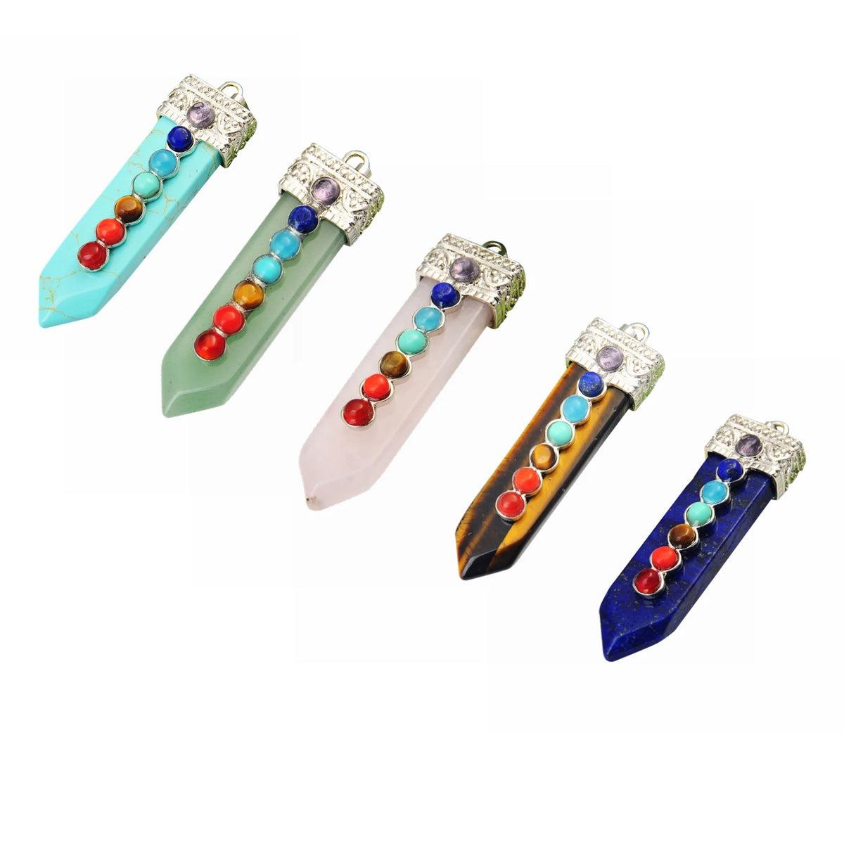 Natural Crystal Sword Shape 7 Chakra Pendant, Rainbow Chakra Beads Crystal Point Charm for DIY Necklace Making