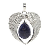 Natural Crystal Angel Wings Pendant | Teardrop Gemstone Heart Amulet Charm | Silver Alloy Feather Wing Quartz Droplet Jewelry Findings for DIY Making