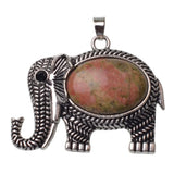 Retro Hollow Pattern Elephant Natural Stone Pendant, Vintage Alloy Lucky Elephant Charm, Healing Crystal Reiki Meditation Amulet for Handmade Necklace