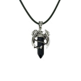 Gothic Winged Dragon Hexagonal Crystal Point Necklace, Vintage Silver Pterosaur Column Pendant, Punk Minimalist Protection Amulet with Black Rope Cord for Men & Women