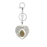 Silver Angel Wings Heart Keyring - Natural Stone Teardrop Crystal Keychain for Purse, Backpack, Handbag, Car Keys