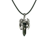 Gothic Winged Dragon Hexagonal Crystal Point Necklace, Vintage Silver Pterosaur Column Pendant, Punk Minimalist Protection Amulet with Black Rope Cord for Men & Women