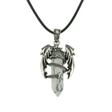 Gothic Winged Dragon Hexagonal Crystal Point Necklace, Vintage Silver Pterosaur Column Pendant, Punk Minimalist Protection Amulet with Black Rope Cord for Men & Women