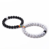2Pcs Magnetic Couple Bracelets - Matte Black Onyx Stone Beads with Rainbow Pride Accents - Adjustable Distance Bracelets for Lovers & Friends