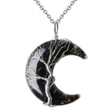Natural Stone Tree of Life Moon Necklace • Silver Wire Wrapped Crescent Moon Crystal Pendant • Healing Chakra Celestial Jewelry Gift for Women Men