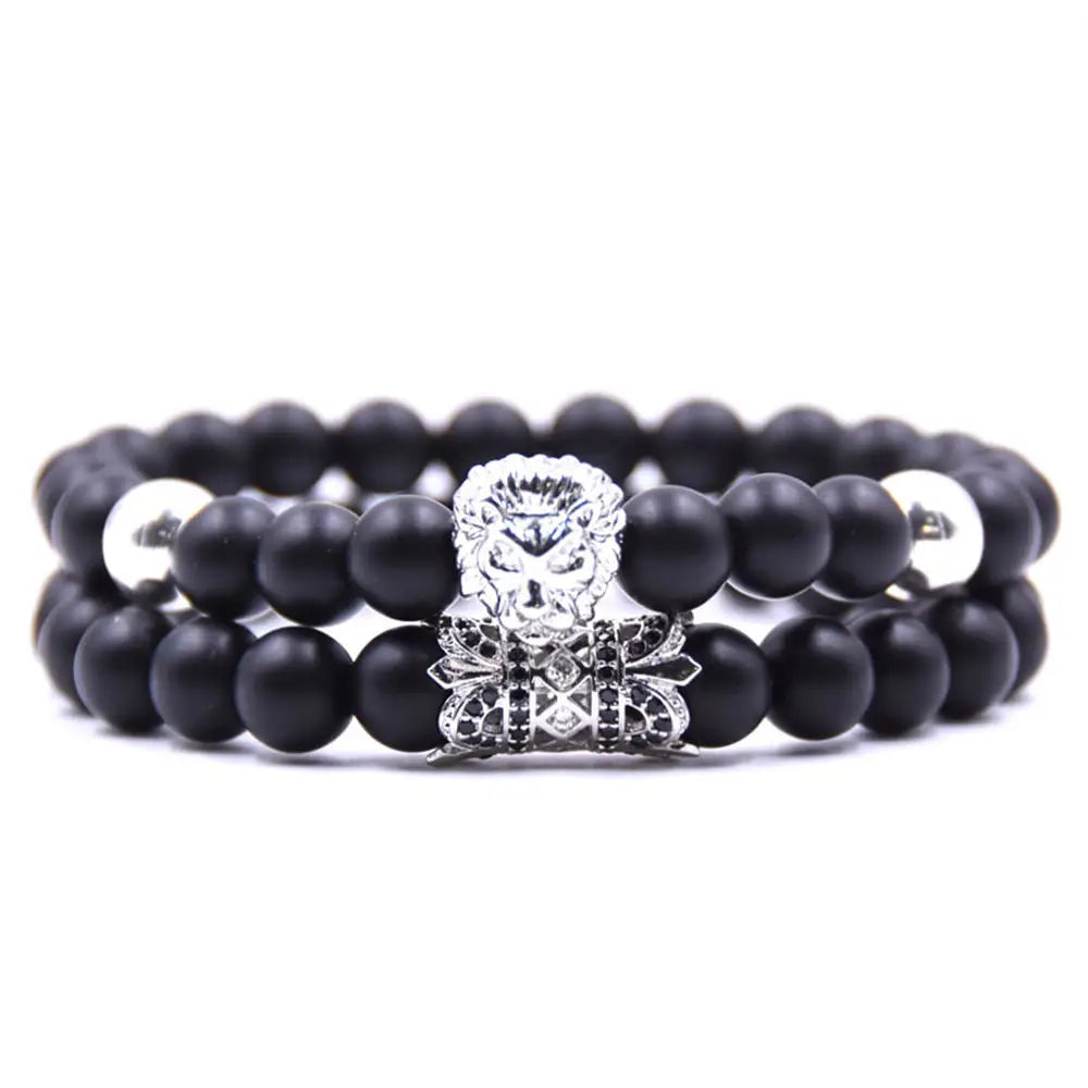 Luxury Matte Black Agate Stone Bead Bracelet Set - 8mm Couples Distance Friendship Bracelets with Silver Lion Head & Crown Charms